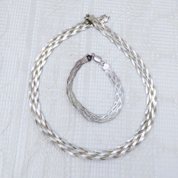 Sterling Silver Bracelet and Necklace 18 Inch 6 Strand Braided Herringbone - Picture 1 of 5